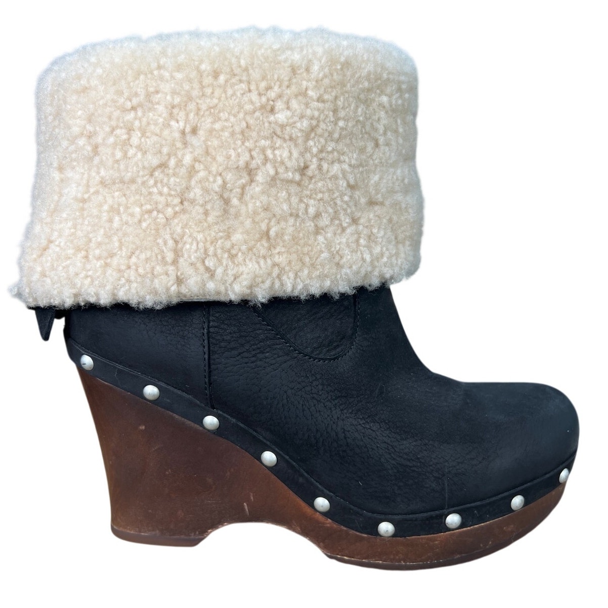 Ugg Women’s Carnegie Black Leather Shearling Lined Wedge Boots Size Us 8